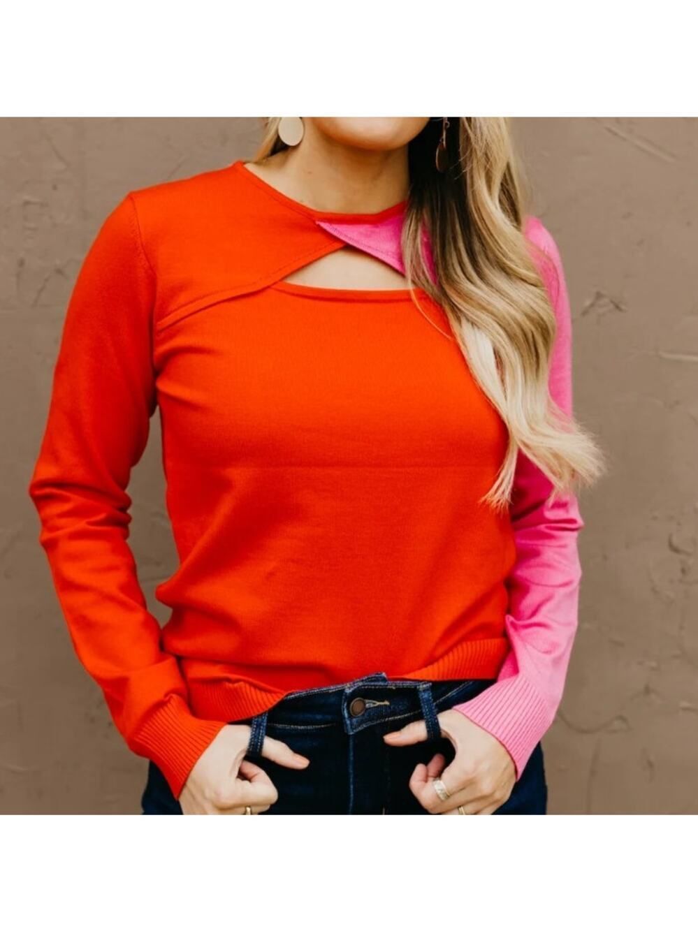 NWT THML Orange and Pink Color Block Sweater Women's Sz. S